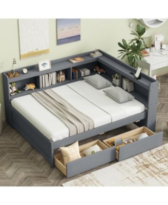 L-Shaped Bookcase Bed with Power Outlets, USB & Drawers - Grey