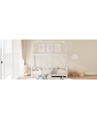 Streamdale Wood Full Size House Bed with Guardrail and LED, White