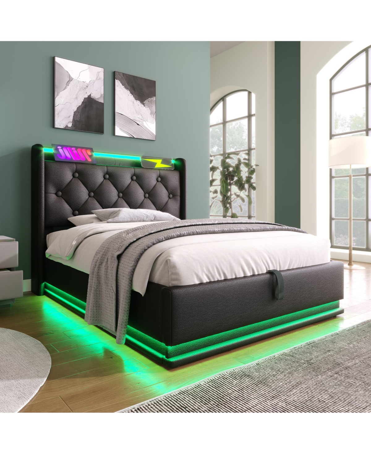 Streamdale Furniture Twin-Size Upholstered Led Bed with Hydraulic Storage