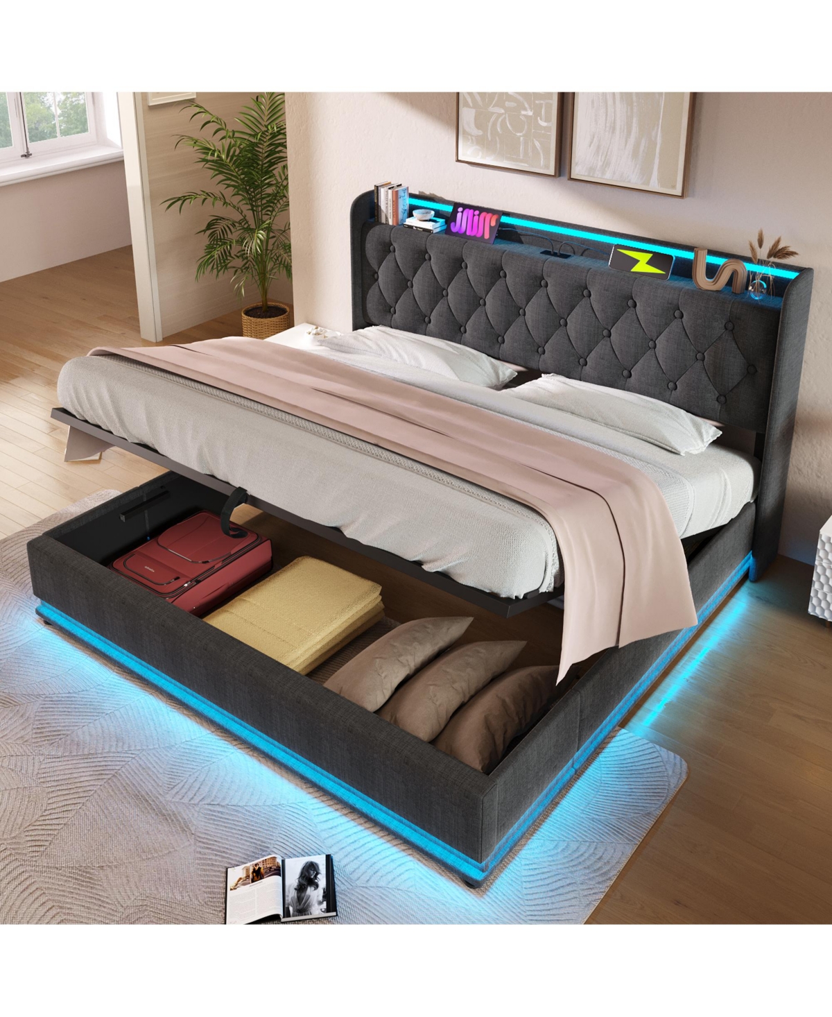 Streamdale Furniture King Upholstered Bed with 360° Led Lighting, Hydraulic Storage, and Usb-c Ports