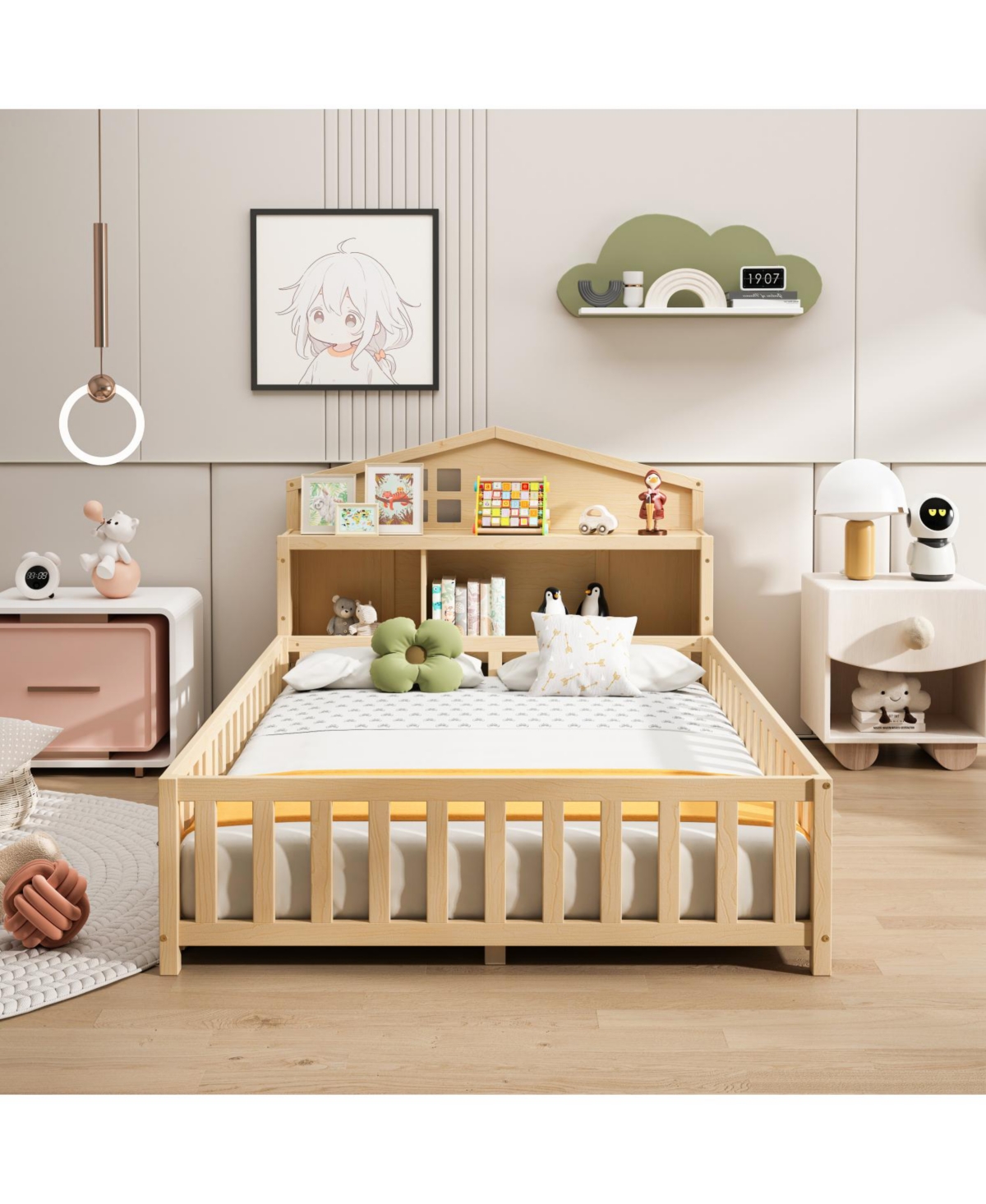 Streamdale Furniture Full-Size Floor Beds with Bookcases, Blackboard, Storage