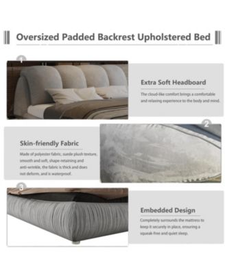  Beige Upholstered Platform Bed with Oversized Backrest