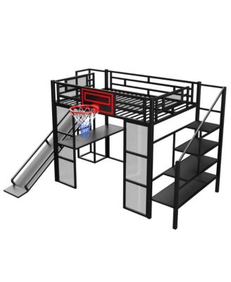 Metal Loft Bed with Desk, Wardrobe, Slide & Stairs