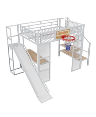 Metal Loft Bed with Desk, Wardrobe, Slide & Stairs