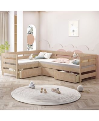 Twin Size L-shaped Platform Bed with Three Storage Drawers