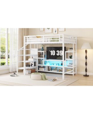  Full Size White Metal Loft Bed with Staircase & Wardrobe