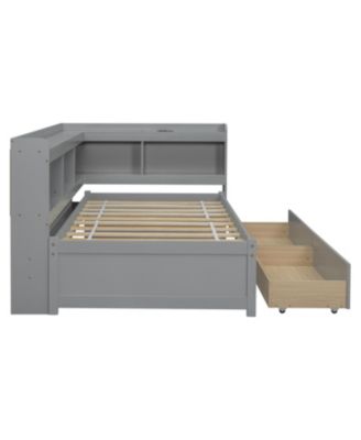 Twin L-Shaped Bookcase Bed w/ Outlets & Drawers - Grey