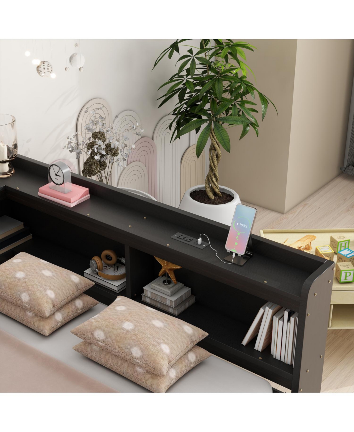 Streamdale Furniture L-Shaped Bed with Bookcase, Drawers, Usb & Power - Espresso