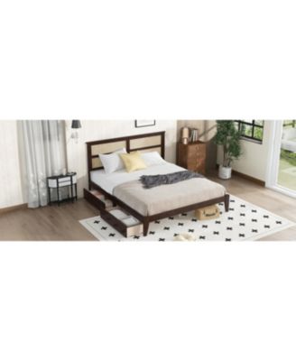 King Bed Rattan Headboard, Storage Drawers, Espresso