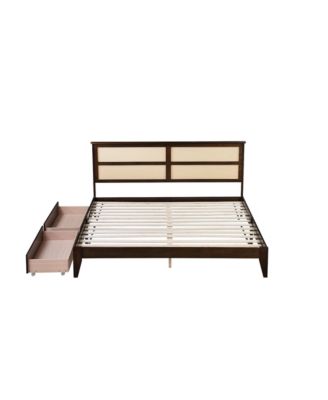 King Bed Rattan Headboard, Storage Drawers, Espresso