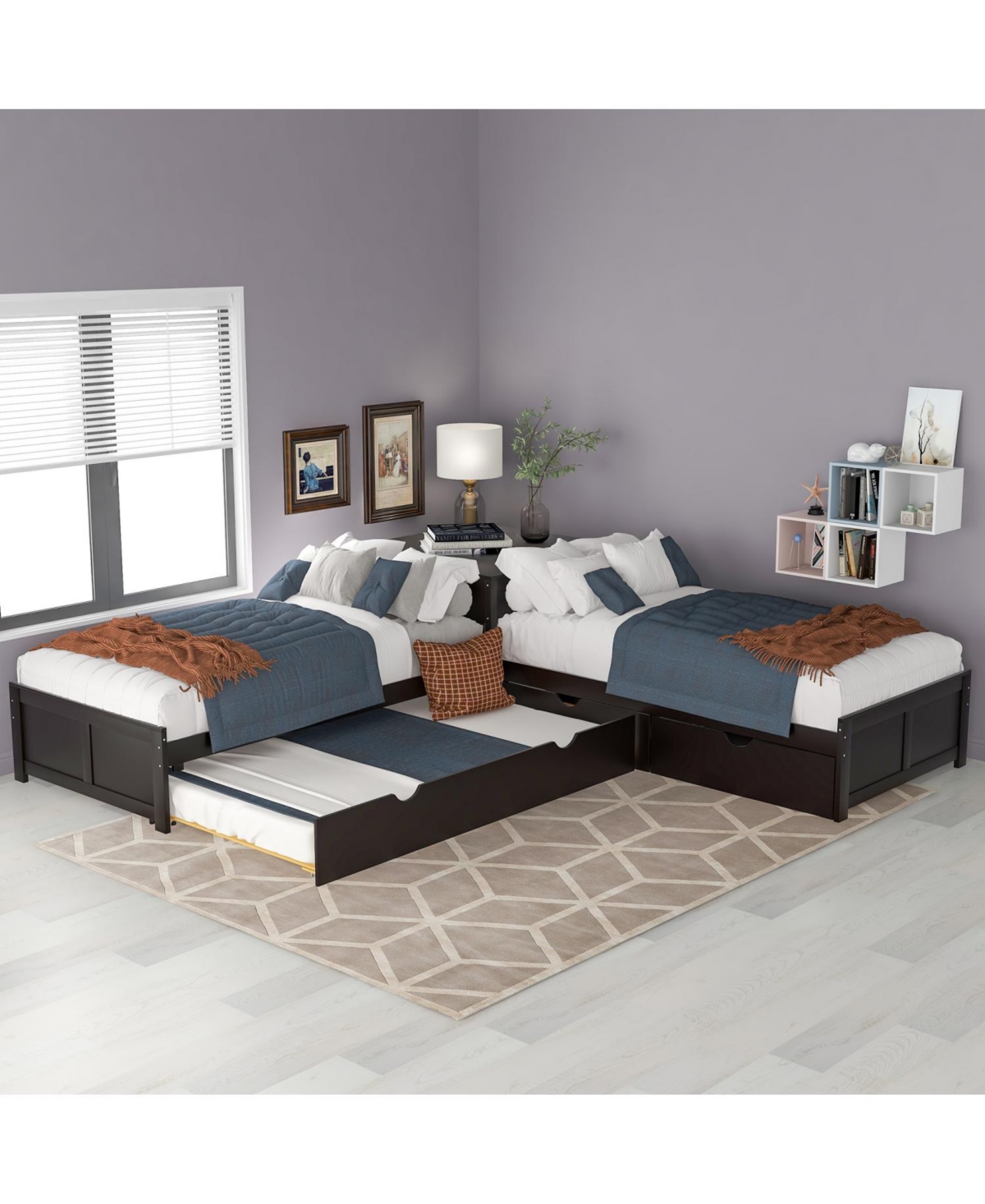 Streamdale Furniture Twin L-Shaped Platform Bed with Trundle, Drawers & Desk