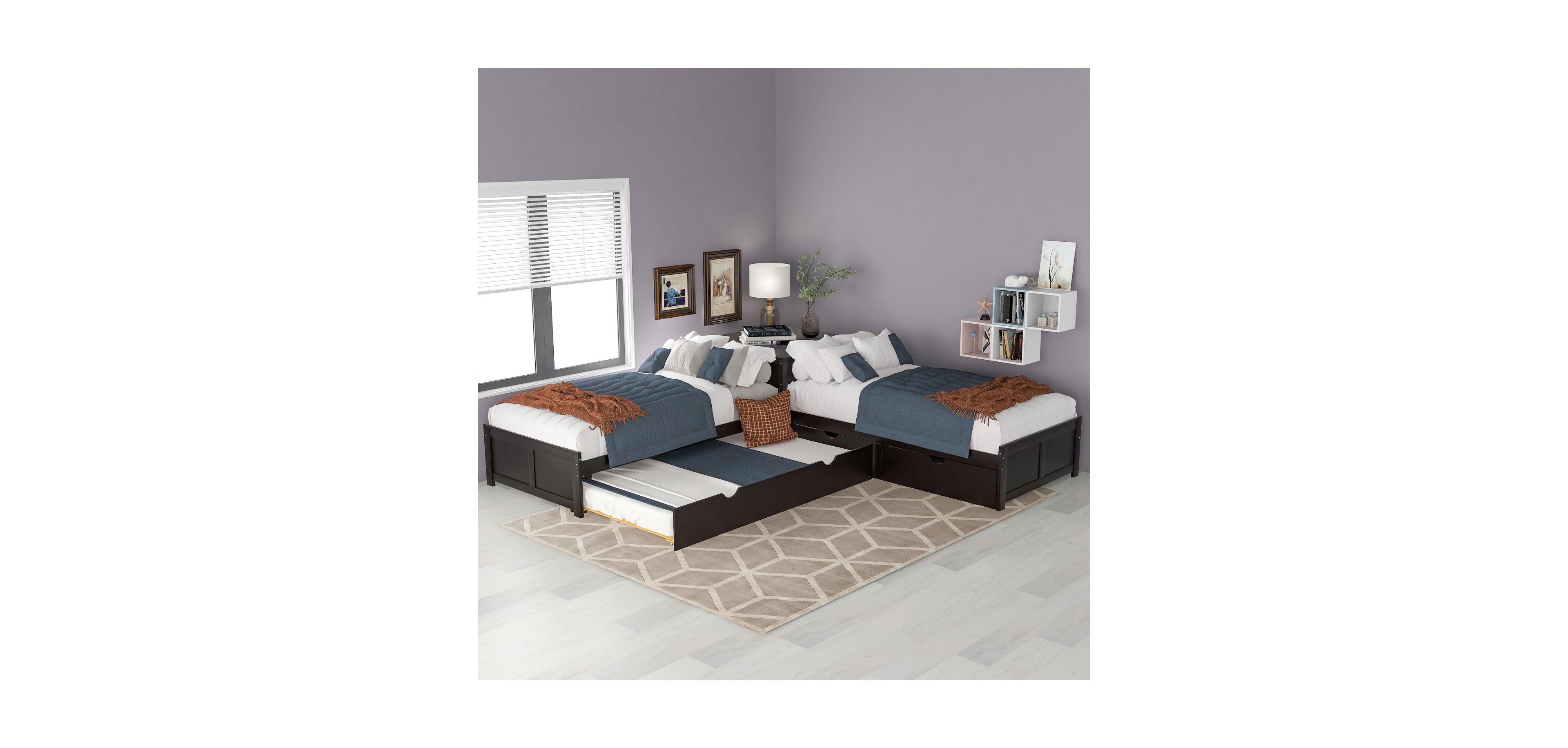 Streamdale Furniture Twin L-Shaped Platform Bed with Trundle, Drawers & Desk