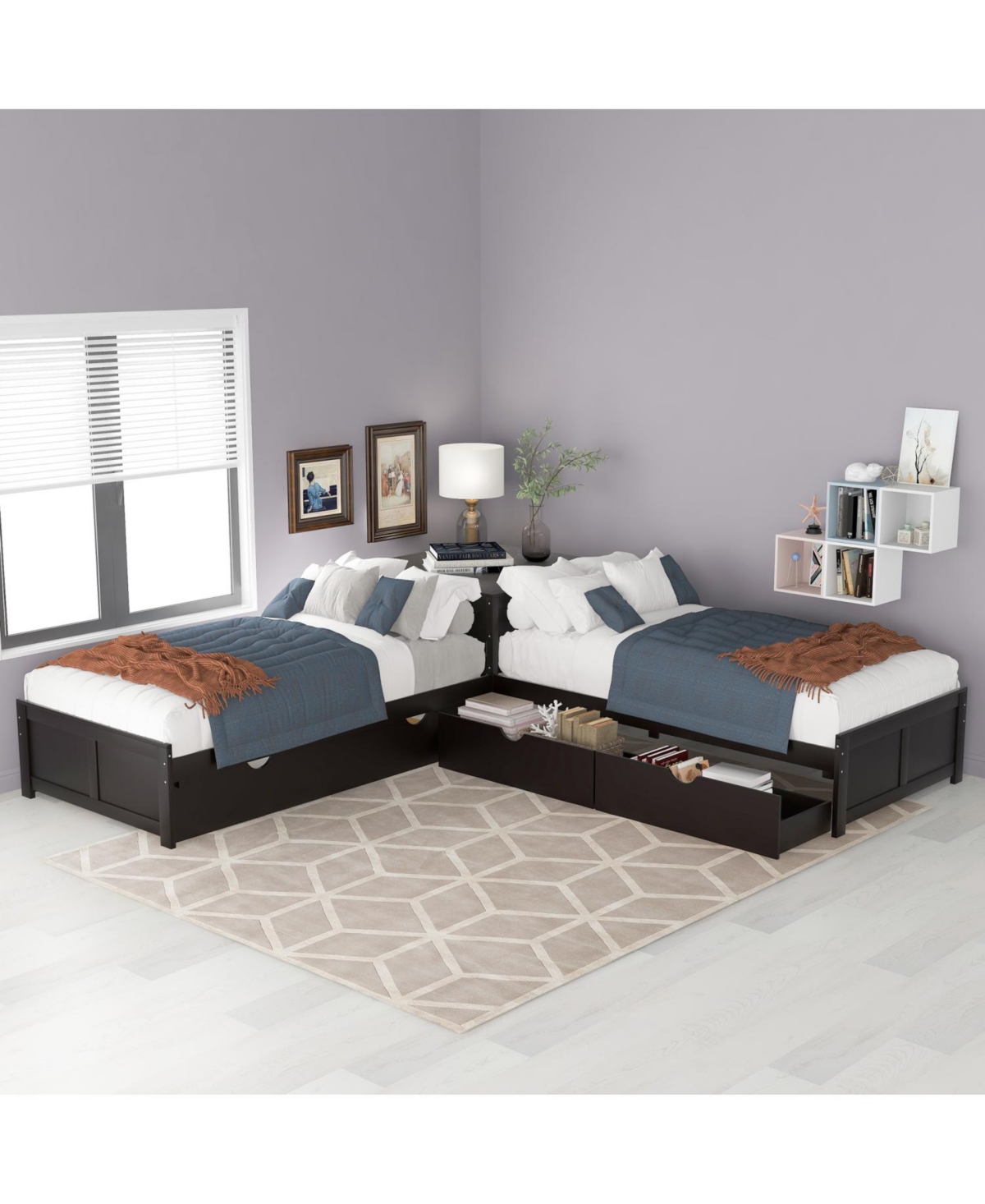 Streamdale Furniture Twin L-Shaped Platform Bed with Trundle, Drawers & Desk