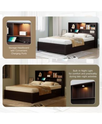 Twin Platform Bed with Bookcase Headboard, Downlight, Charger, Drawers