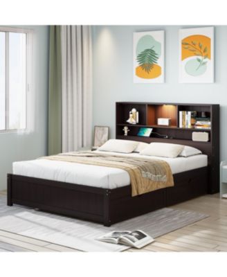 Twin Platform Bed with Bookcase Headboard, Downlight, Charger, Drawers