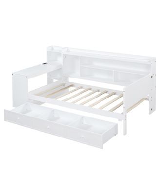  Twin Size Wooden Daybed With 3 Drawers, USB Ports and desk, White