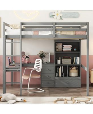 High Loft Bed with Desk, Storage, Ladder, Grey