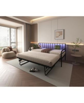 Twin Daybed with RGB LED Lights & Charging Station, Adjustable Frame & Trundle
