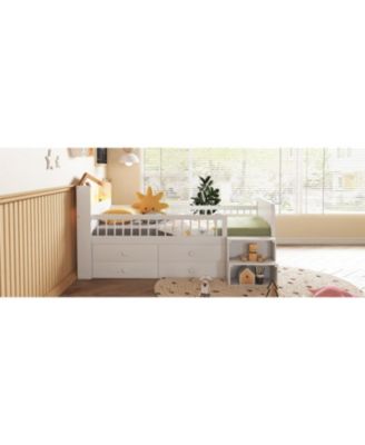 Streamdale Low Loft Bed with LED Lights, Wooden Twin Loft Bed with House Shape Headboard, Kids Loft Bed with Storage Drawers