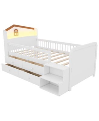 Streamdale Low Loft Bed with LED Lights, Wooden Twin Loft Bed with House Shape Headboard, Kids Loft Bed with Storage Drawers