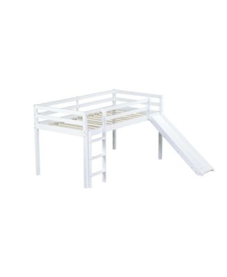 Twin Low Loft Bed with Slide, Ladder, Safety Guardrails, Rubber Wood Twin Loft Bed,White