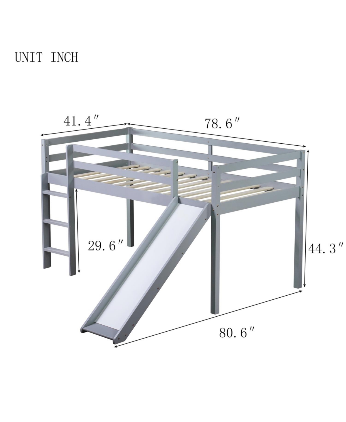 Streamdale Furniture Twin Low Loft Bed with Slide, Ladder, Safety Guardrails, Rubber Wood Twin Loft Bed