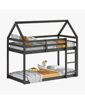 Twin over Twin Rubber Wood Floor Bunk Bed, with ladder,Guardrails,House-Shaped