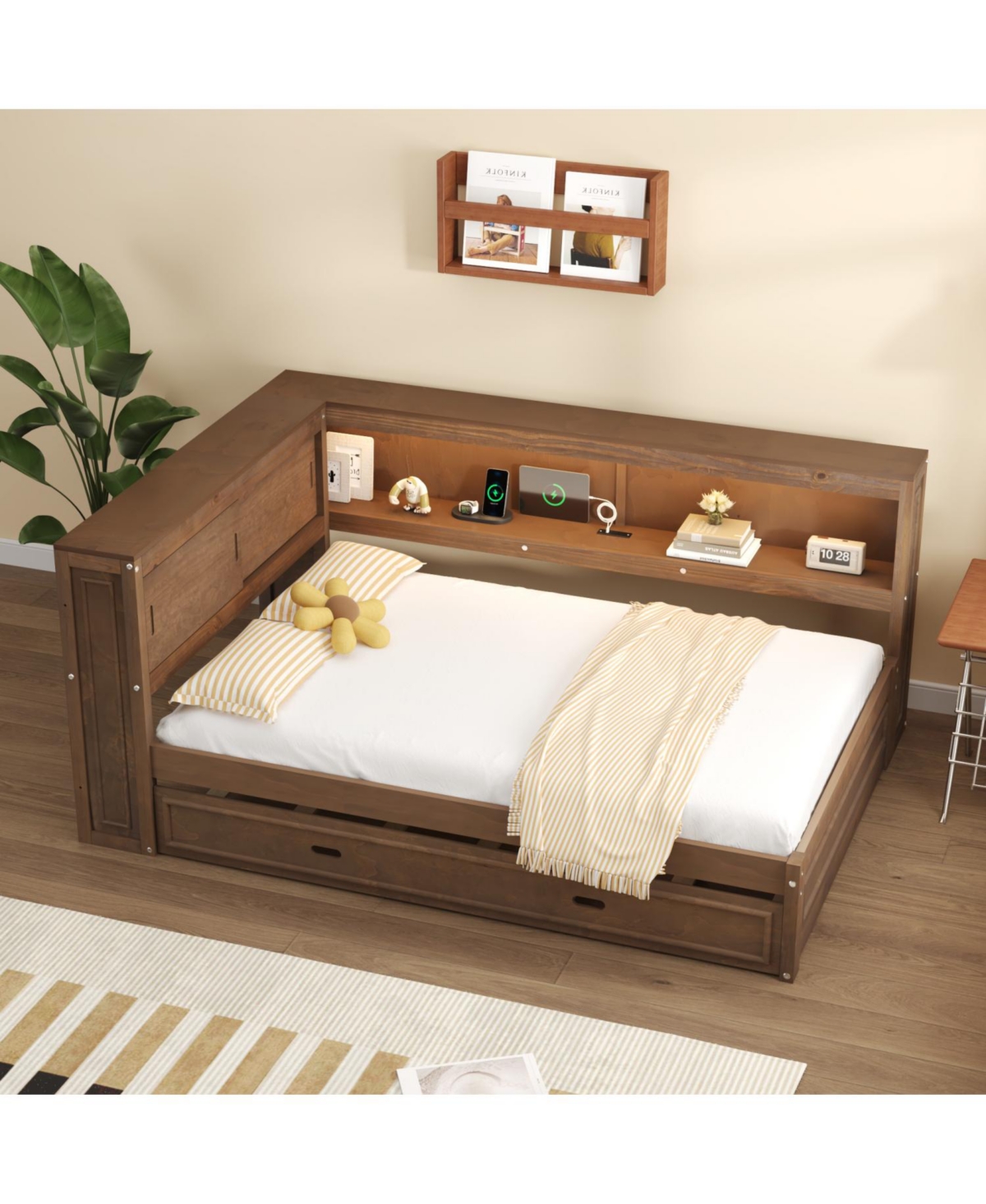 Streamdale Furniture Full Size Wood Daybed with Storage Shelves, Usb, Led, and Trundle