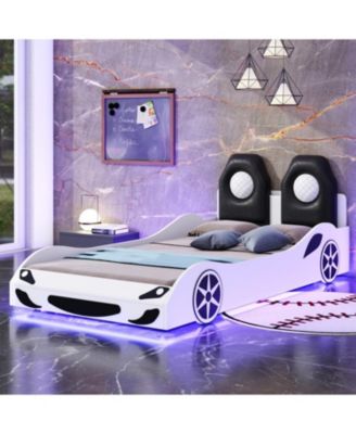  Wood Twin Size Race Car-Shaped Platform Bed with LED and Upholstered Backrest