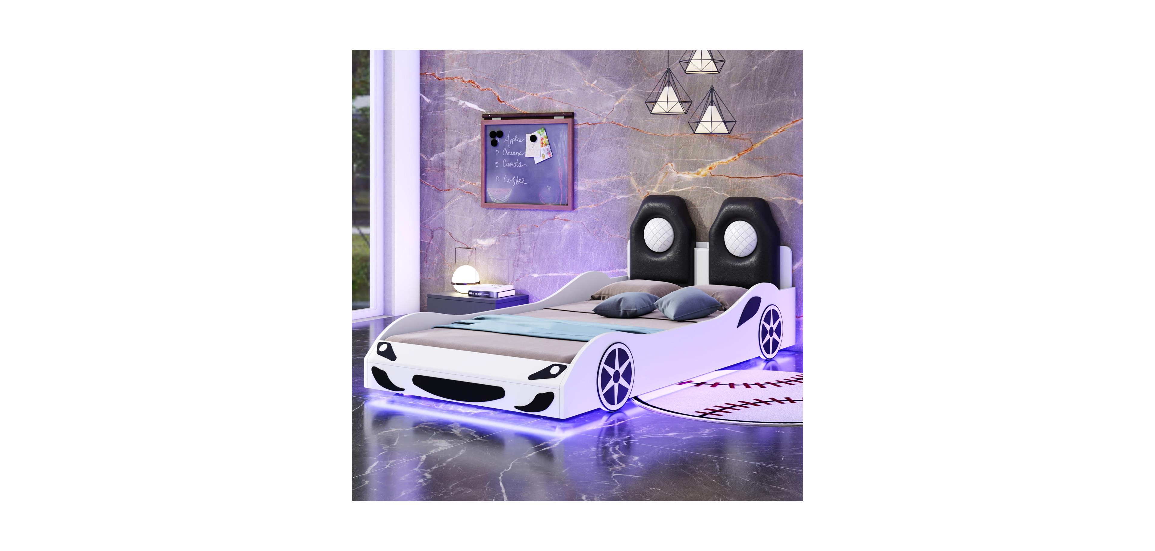 Streamdale Furniture Wood Twin Size Race Car-Shaped Platform Bed with Led and Upholstered Backrest