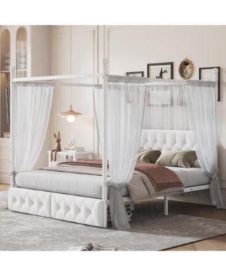 Queen Size Metal Canopy Platform Bed with Upholstered Headboard and Two Storage Drawers