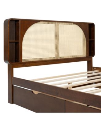 Queen Size Rattan Headboard Bed with Two Drawers and Trundle