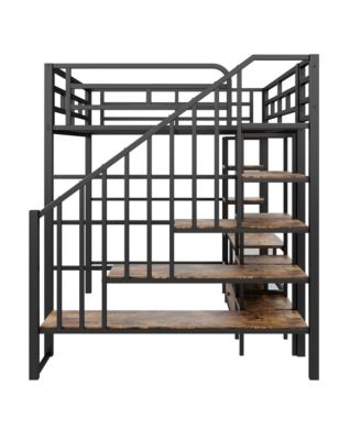 Full Size Metal Loft Bed with Staircase,Low Storage Table and Storage