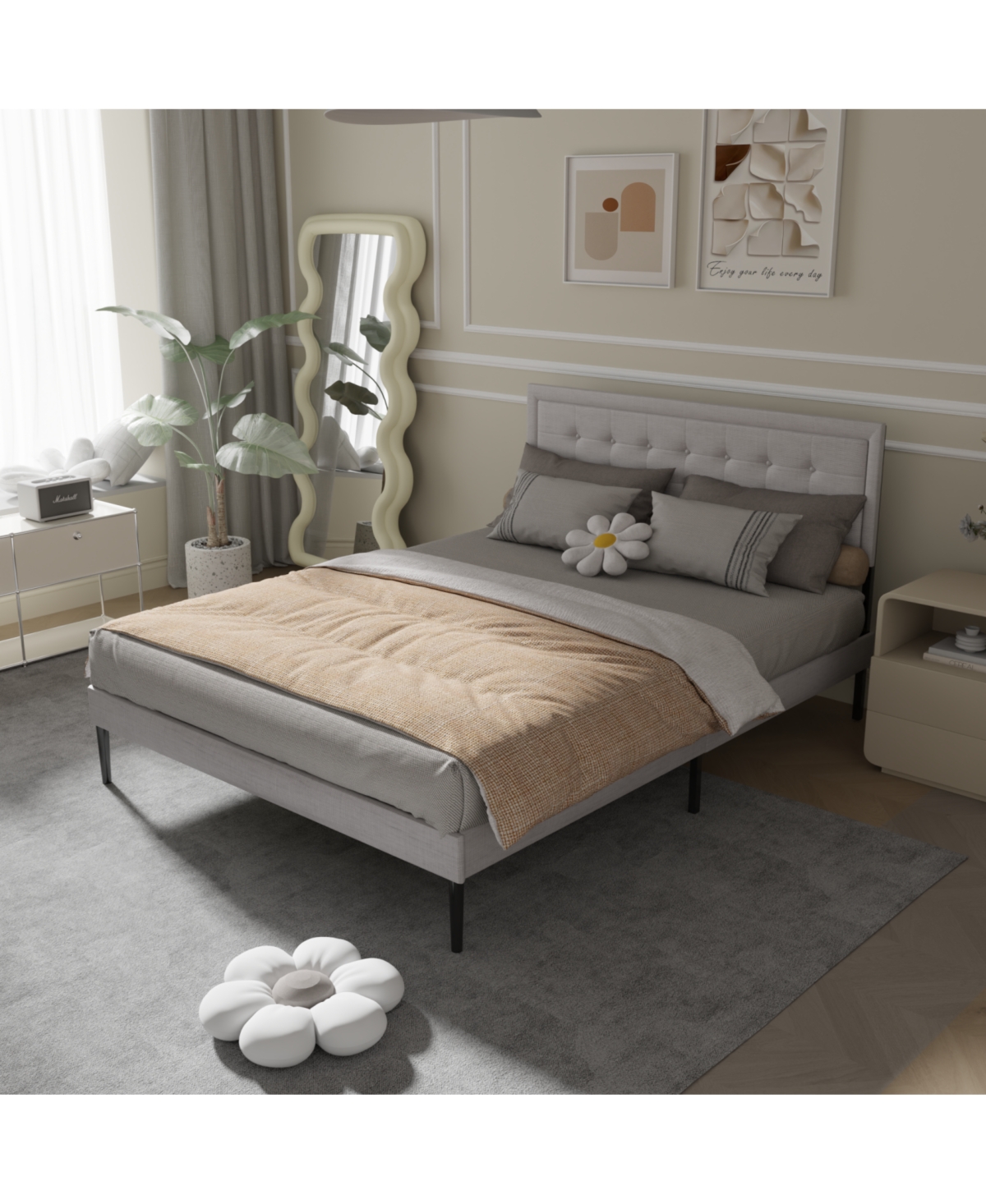 Streamdale Furniture Streamdale Iron Platform Bed Frame with Wooden slats support & Upholstered Headboard (Queen Size)