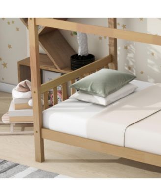  Twin House Bed with Headboard and Footboard, Twin Rubber Wood Bed with House Frame,White OAK