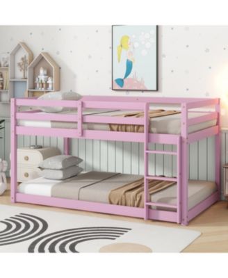 Solid Wooden, Solid Rubber Wooden Twin over Twin Loft Bed with Ladder, with Bed Platform of Strengthened Slats, Pink
