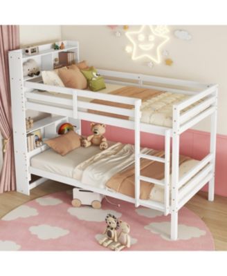 Twin Over Twin Bunk Bed with Shelves and Guardrails, Convertible to 2 Beds