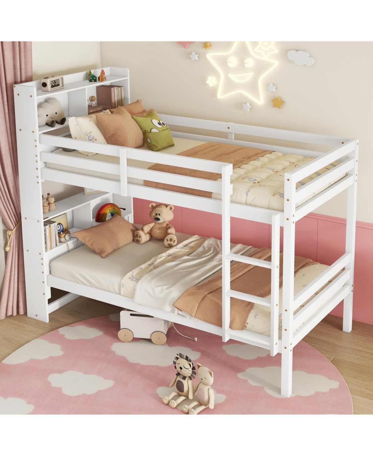 Streamdale Furniture Twin Over Twin Bunk Bed with Shelves and Guardrails, Convertible to 2 Beds