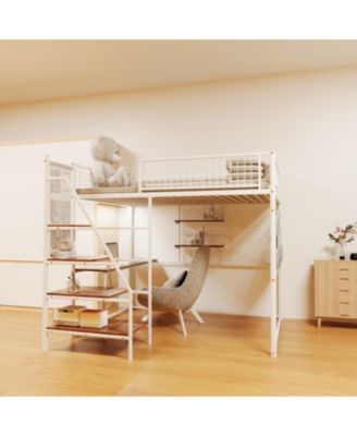 loft metal bed with white for bedroom and dormitory, with built-in charging station and LED lighting