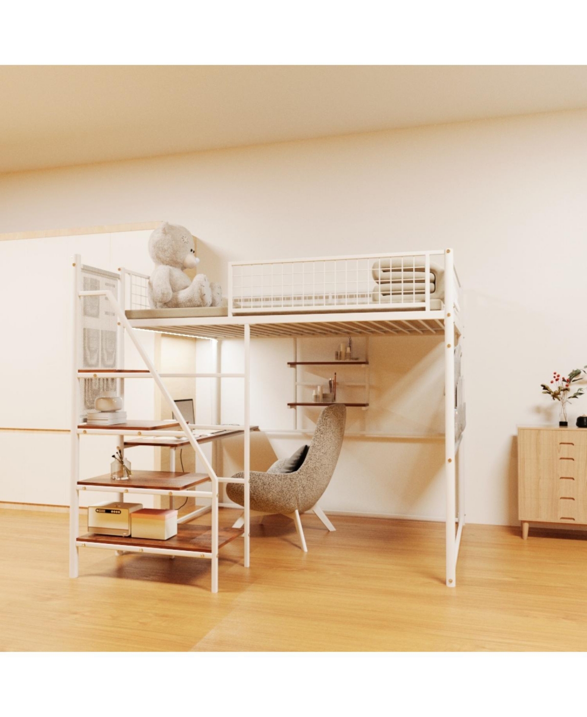 Streamdale Furniture loft metal bed with white for bedroom and dormitory, with built-in charging station and Led lighting
