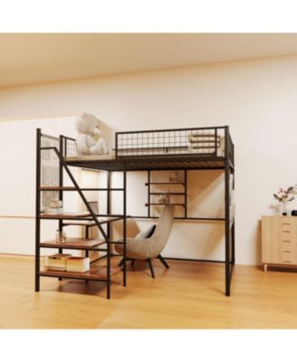 Full size loft metal bed for bedroom and dormitory, with built-in charging station and LED lighting