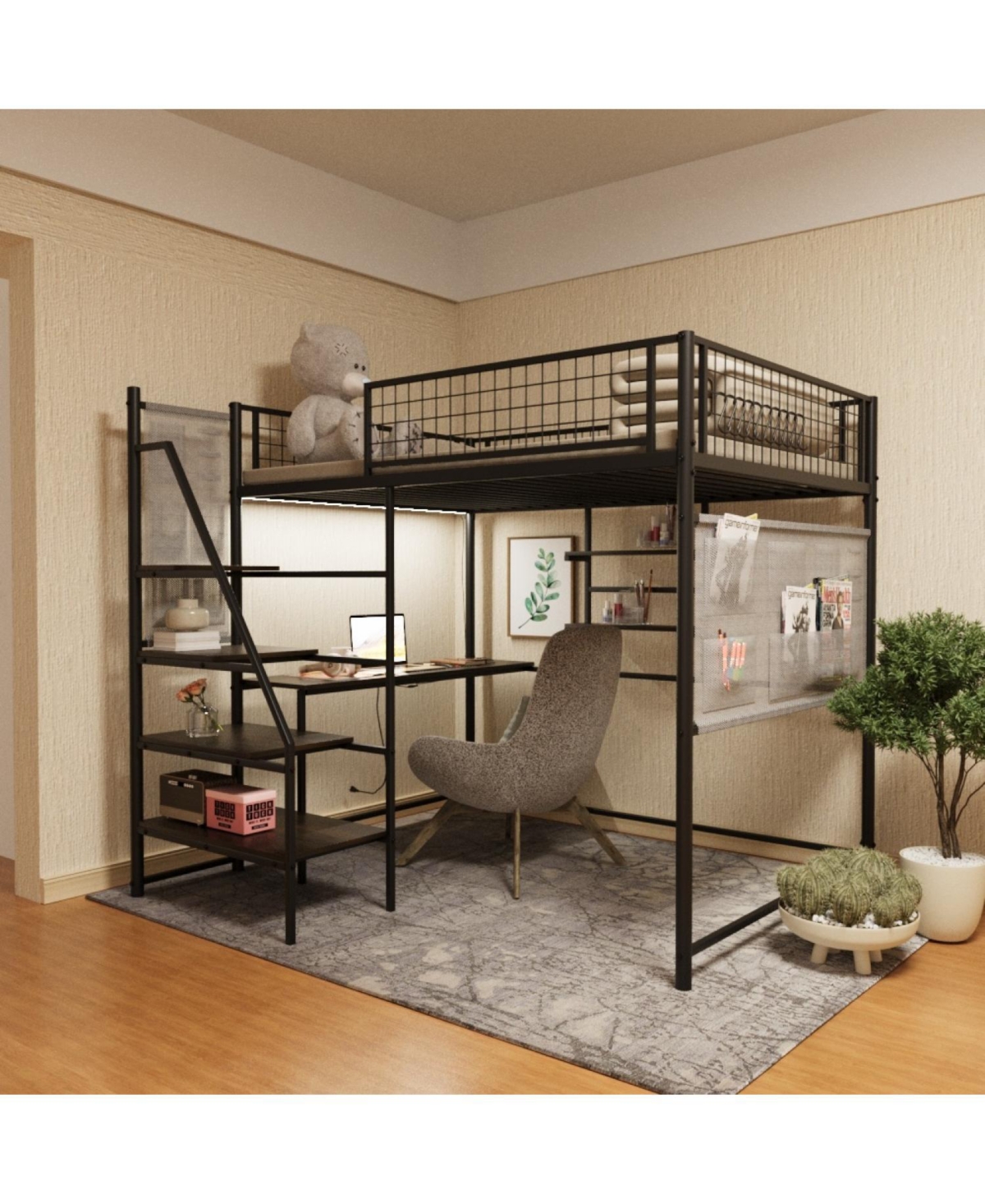 Streamdale Full size loft metal bed with black for bedroom and dormitory, with built-in charging station and Led lighting