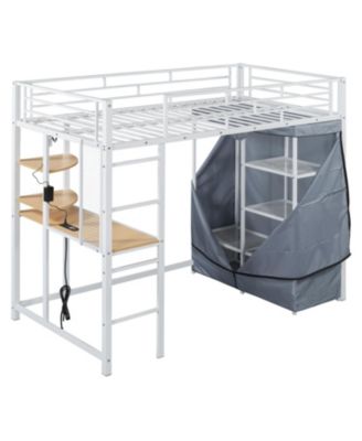 Twin Size Loft Metal Bed with Desk,Shelves,Power Outlet,LED Light and Wardrobe