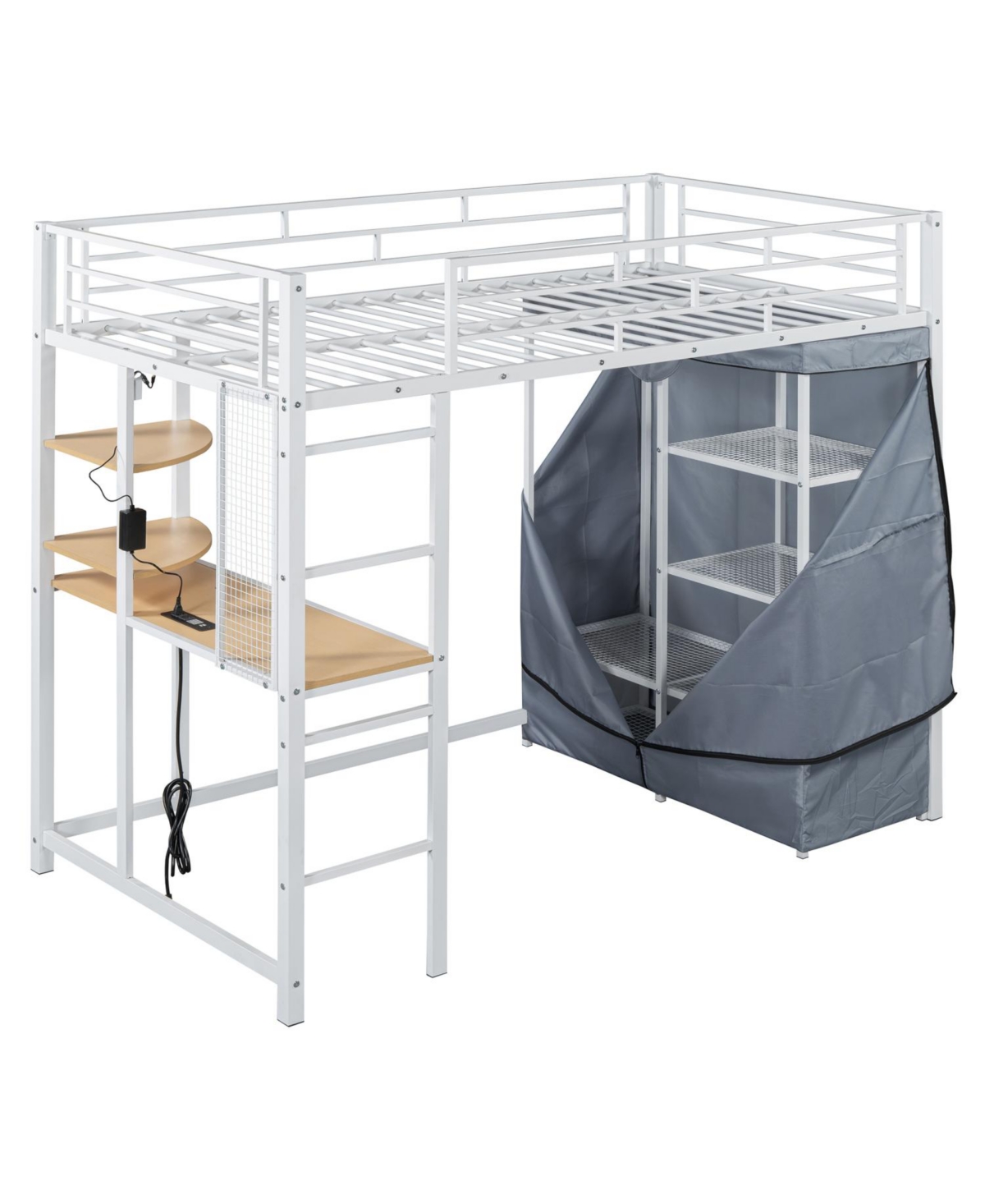 Streamdale Furniture Twin Size Loft Metal Bed with Desk,Shelves,Power Outlet,Led Light and Wardrobe