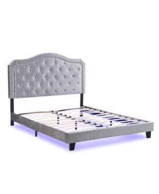  Queen Upholstered Bed with Tufted Curve Design, LED Platform, Strong Wood Slats, Easy Setup - Light Grey Velvet