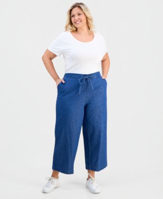 Plus Size Cotton Mid-Rise Pull-On Chambray Pants 