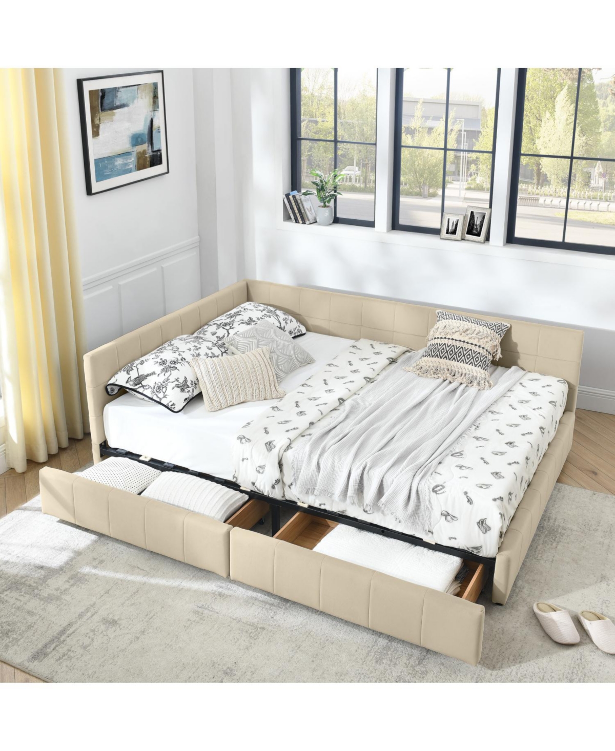 Streamdale Furniture Queen Bed Frame with Upholstered Headboard & Armrests