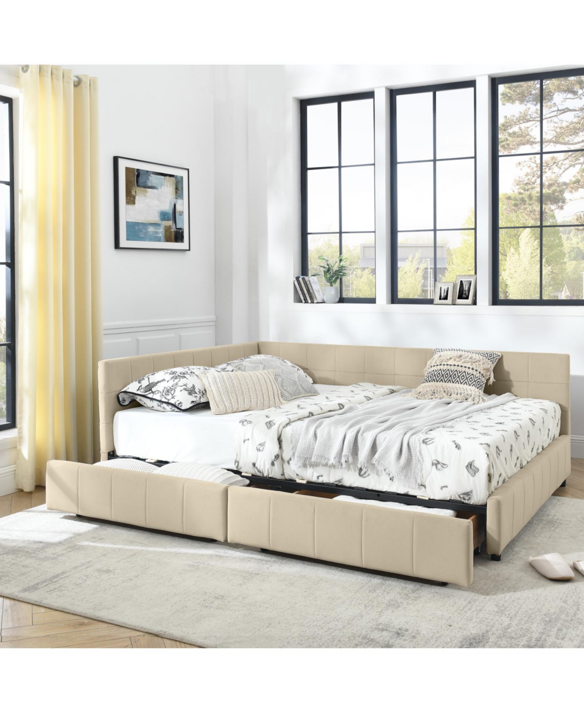 Streamdale Furniture Queen Bed Frame with Upholstered Headboard & Armrests