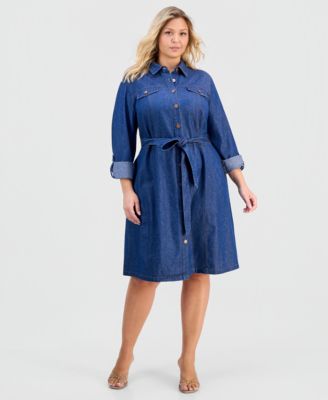 Plus Size Cotton Tie-Waist Chambray Dress