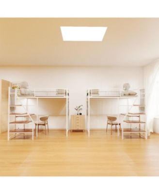 Twin sized loft metal bed with white for bedroom and dormitory, with built-in charging station and LED lighting